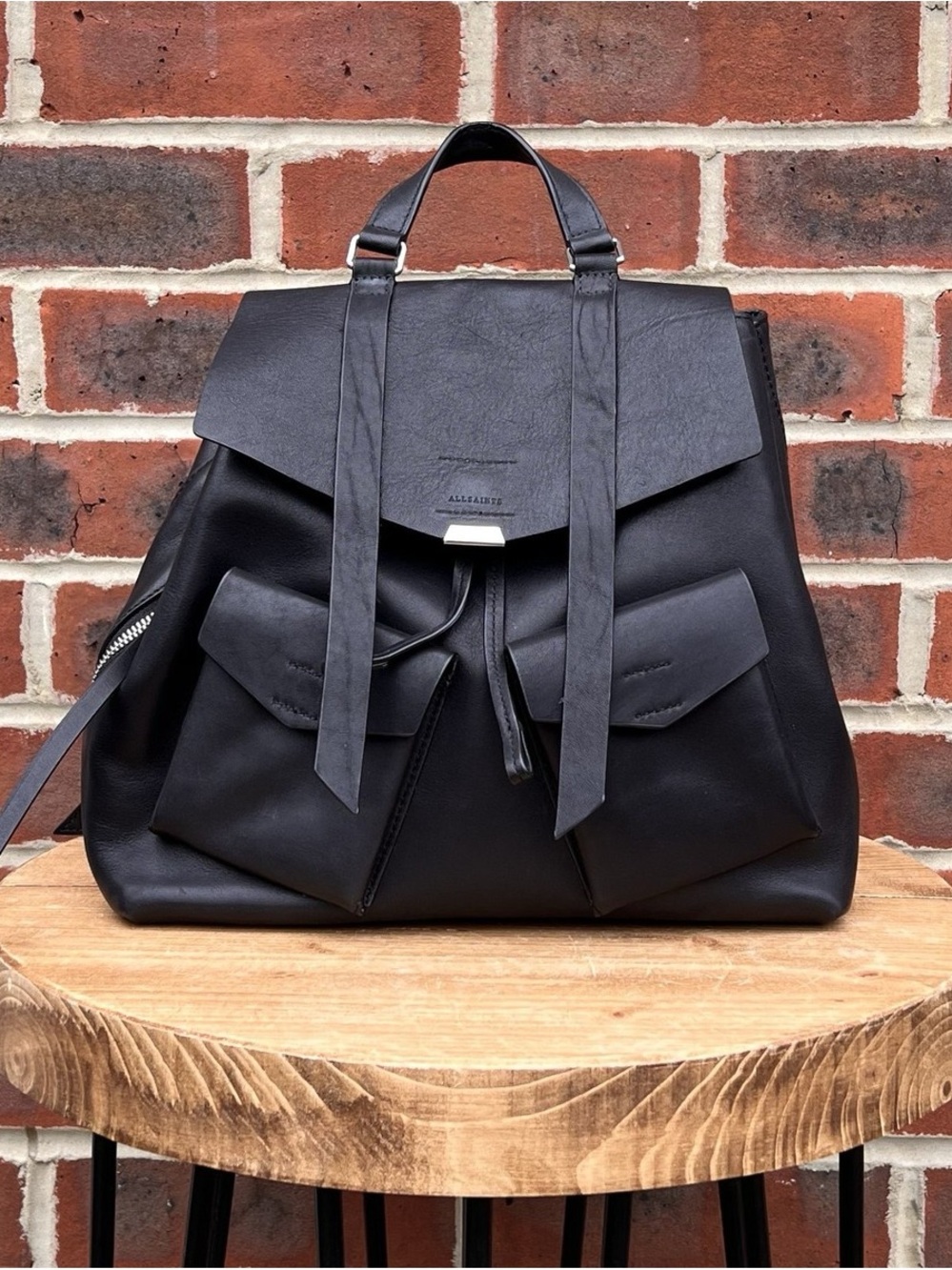 All Saints Black Leather Backpack with Front Pockets